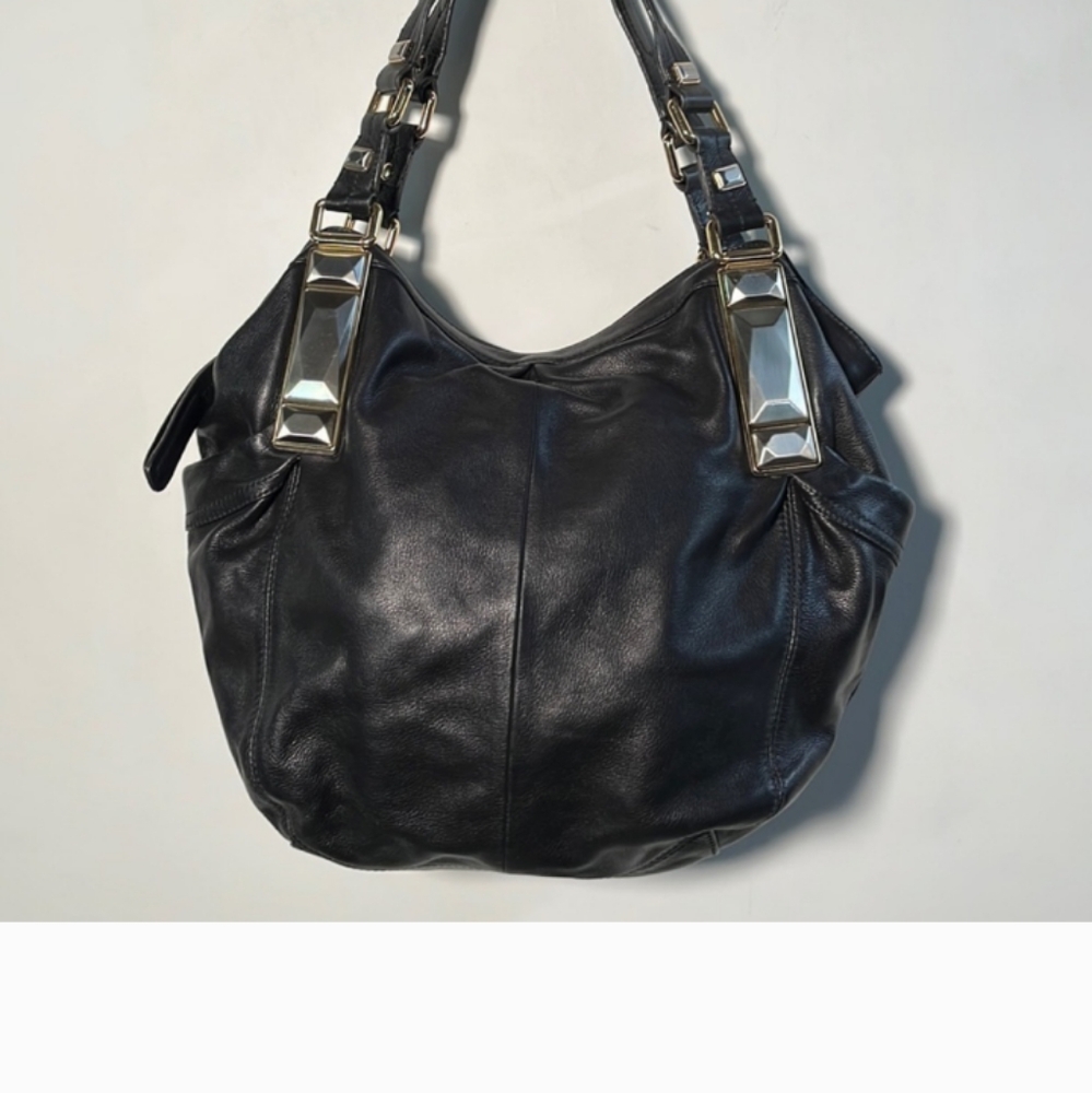 B. MAKOWSKY Vintage Buttery Soft Black Leather Silver & Gold Accent Hobo Purse